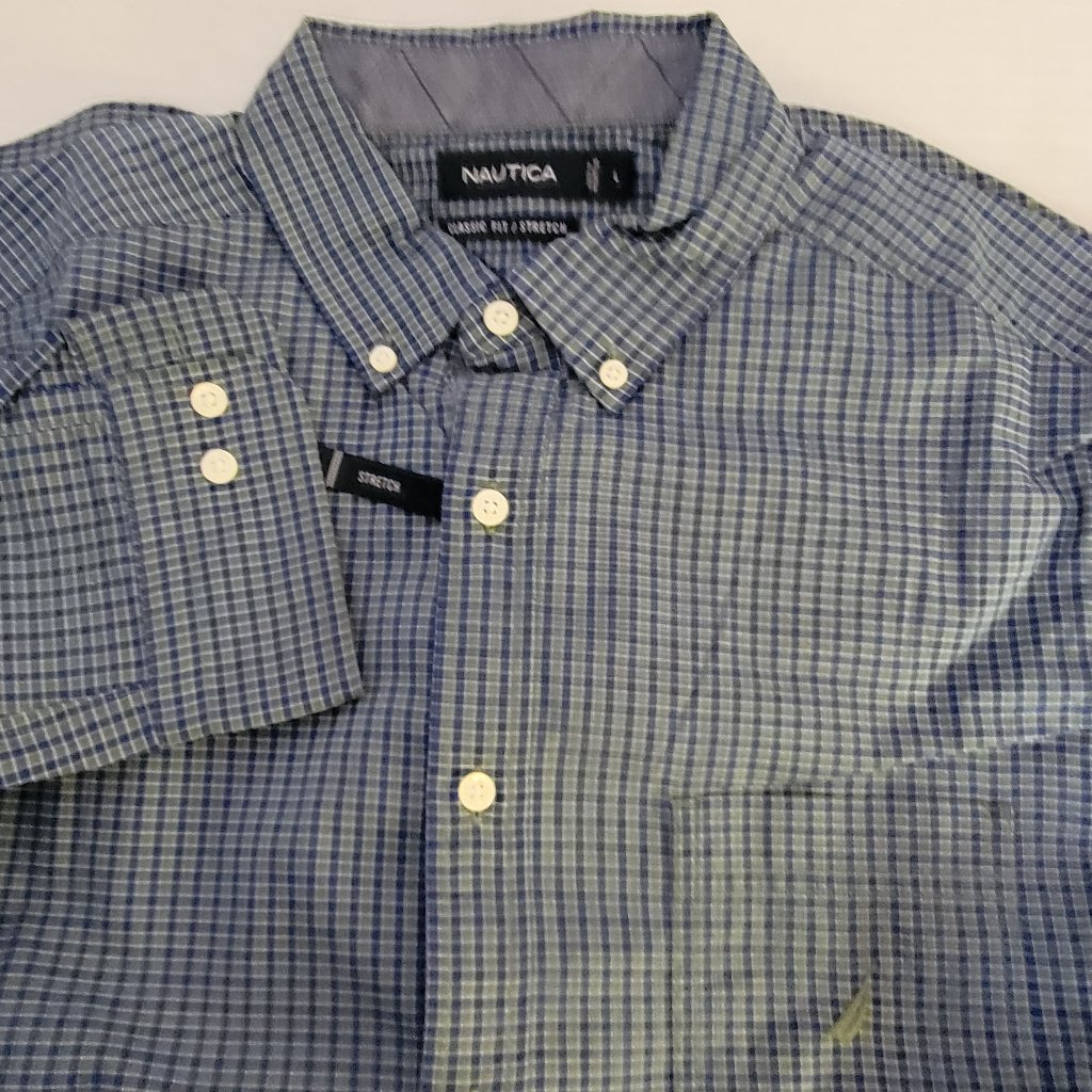 New Nautica Mens Check Long Sleeve Button Down Blue Cotton Shirt W83207 L Large